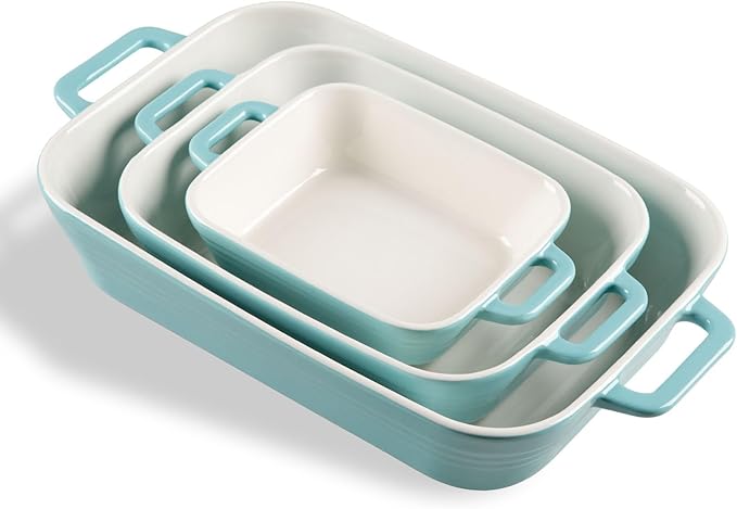 Sweejar Relief Casserole Dishes for Oven, Ceramic 9x13 Baking Pans Set for Cooking, Cake, Banquet and Daily Use, Rectangular Bakeware Set, Porcelain Baking Dish, Lasagna Pan Deep with Handles(Turquoise)