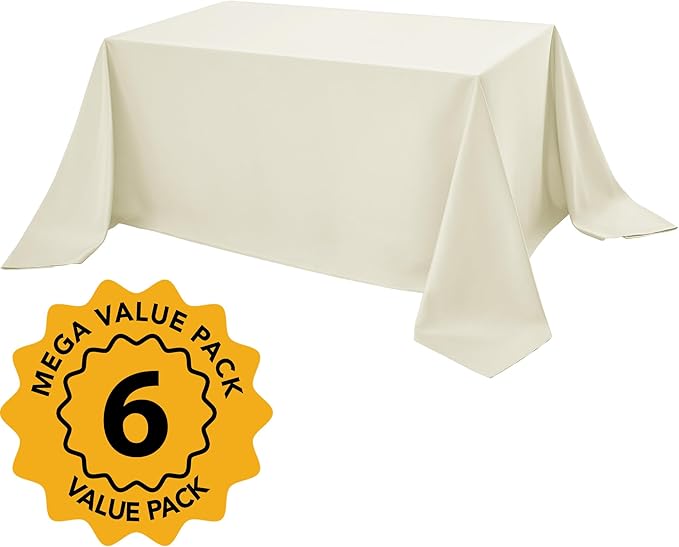 6-Pack Ivory Tablecloths for Rectangle Tables, 90 x 156 Inches, Stain-Resistant Polyester Fabric for 8 Foot Tables - Washable Table Covers for Weddings, Banquets, Birthday Parties, Events
