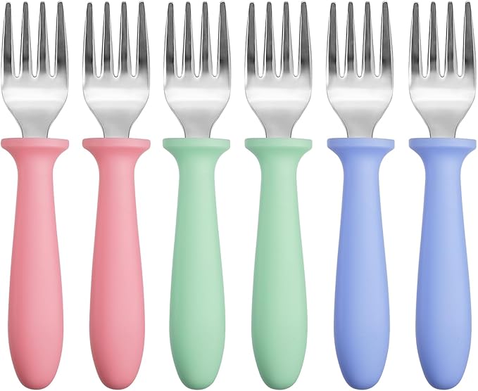 Pimoys 6-Pack Stainless Steel Toddler Forks Baby & Kids Utensils for Self-Feeding Plastic Handle Dishwasher Safe
