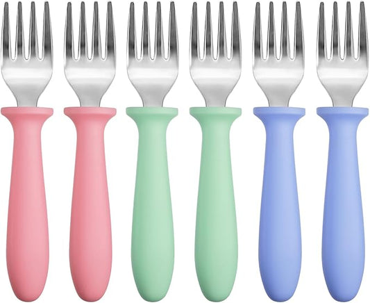 Pimoys 6-Pack Stainless Steel Toddler Forks Baby & Kids Utensils for Self-Feeding Plastic Handle Dishwasher Safe