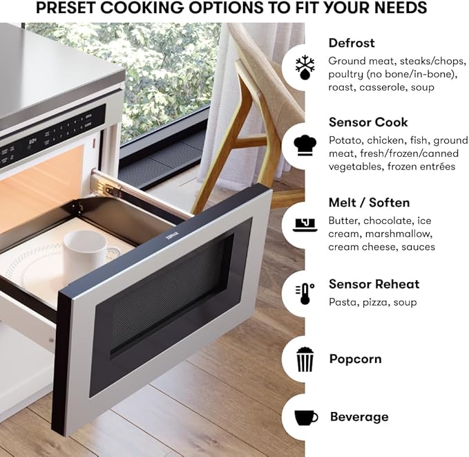 Zephyr 30 inch Built In Drawer Microwave Oven Under Cabinet - Integrated, Wall Mount, Under Counter Pull Out Microwave Drawer 1.2 cu ft, Preset Cooking Options, Easy Clean Coating, 1000W