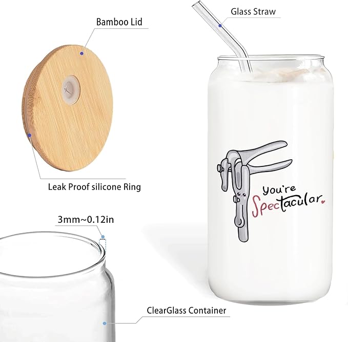 Midwife Doctor Nurse Gifts Iced Coffee Glass Cup, You're Spec-Tacular Glass Cup with Lids and Straws 14oz, Midwife Thank You Gifts Coffee Tumbler Drinking Jars with Cleaning Brush