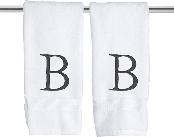 Dark Gray and White Bathroom Hand Towel - Monogrammed Luxury Hotel Quality Decorative Embroidered Towel for Powder Room, Spa - GOTS Organic Certified - Pack of 2, Letter B