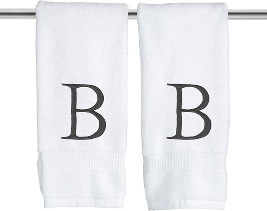 Dark Gray and White Bathroom Hand Towel - Monogrammed Luxury Hotel Quality Decorative Embroidered Towel for Powder Room, Spa - GOTS Organic Certified - Pack of 2, Letter B