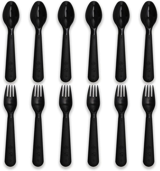 12 Pcs Kids Spoons and Forks Toddler Utensils Plastics Reusable Silverware Baby Cutlery Set Feeding Dinnerware Utensils BPA Free Microwave Dishwasher and Freezer Safe- Black