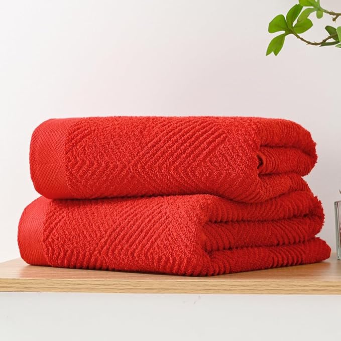 sense gnosis Red Bath Towel Set of 2 Premium 100% Cotton Herringbone Striped Weave Ultra Soft Highly Absorbent Bath Towel for Bathroom 27 X 55 Inch