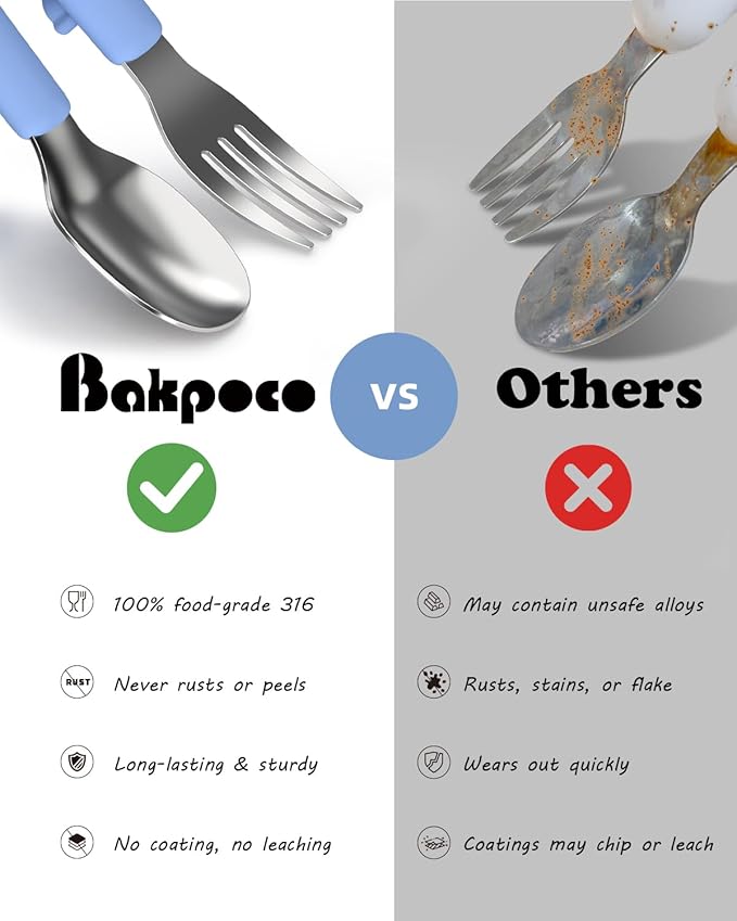 6PCS Toddler Utensils, 316 Stainless Steel Baby Safe Forks + Spoons with Silicone Handle, BPA Free Dishwasher Safe Kids Silverware Cutlery with Box, Sage/Blue/Gray