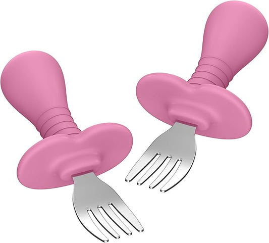 Baby Fork Toddler Forks for Self Feeding, Kids Forks with Silicone Round Handle, Stainless Steel Toddler Utensils Children Safe Silverware Set, Anti-Choke Design, BPA Free - Pink