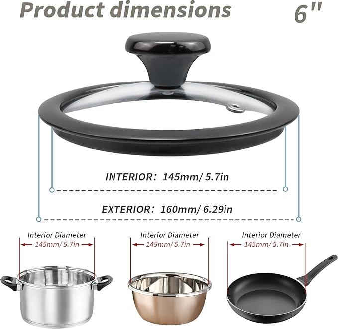 6" Tempered Glass Pan Lid with Steam Vent, Thickened to 4mm and Dishwasher Safe and Oven up to 480℉, Universal Lid Fit for Cast Iron Skillets, Frying Saute Pan, Cooking Pot