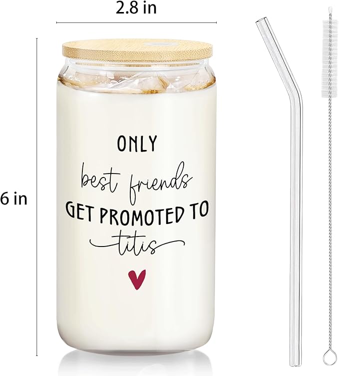 Titi Aunt Announcement Gifts Glass Cup with Lids and Straws 14oz, Pregnancy Announcement for Aunt Auntie, Get Promoted to Titi Glass Iced Coffee Tumbler Drinking Jars with Cleaning Brush