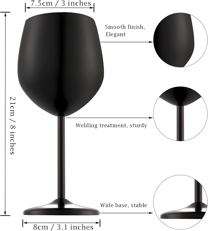 Stainless Steel Wine Glasses Set of 4 Unbreakable Wine Glass 18 oz Unique Metal Wine Goblets for Outdoor, Travel, Camping, Pool, Ideal Gift for Wine Lovers (Matte-Black)