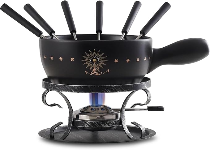 Artestia 2.11-Quart Swiss Fondue Pot Set for Cheese, Chocolate Melting Pot with 6 Fondue Forks and Swiss Vintage Pattern, Perfect for 6 People, 10 Piece (AR-83007)