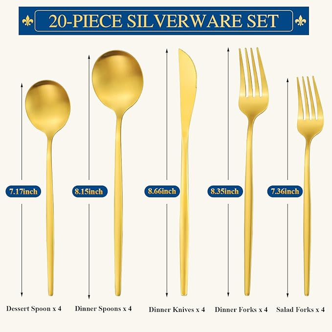 Matte Gold Stainless Steel Flatware Set for 4, 20-Piece Cutlery Tableware with Spoons and Forks, Dishwasher Safe