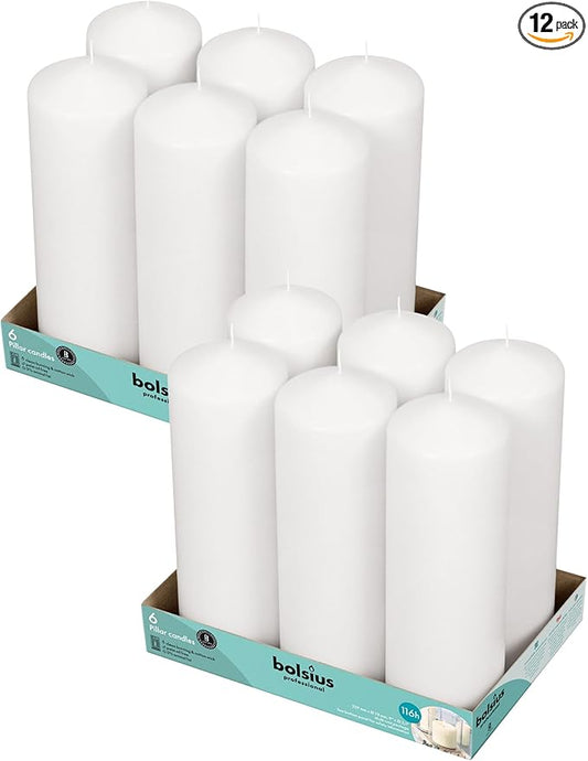 BOLSIUS 12 White Pillar Candles Bulk - 3x9 Inches Candle Set - 116+ Hours Clean Burning - No Palm Oil - 0% Animal Fat - Premium European Quality - Unscented Dripless Decorative Pillars