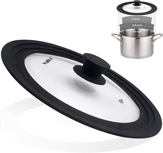 Universal Lid for Pots, Pans and Skillets - Tempered Glass with Heat Resistant Silicone Rim, Fits 8", 9" and 9.5" Diameter Cookware
