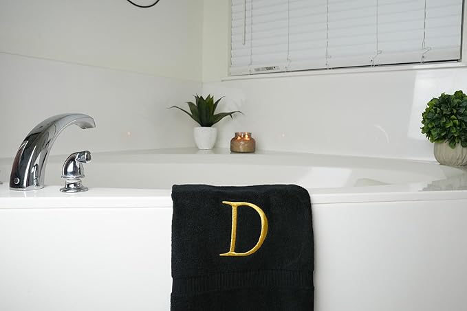 Black Luxury Hand Towel for Bathroom - Monogrammed Initial Hotel Quality Decorative Embroidered Towel for Powder Room, Spa - GOTS Organic Certified - Pack of 2 - Letter D