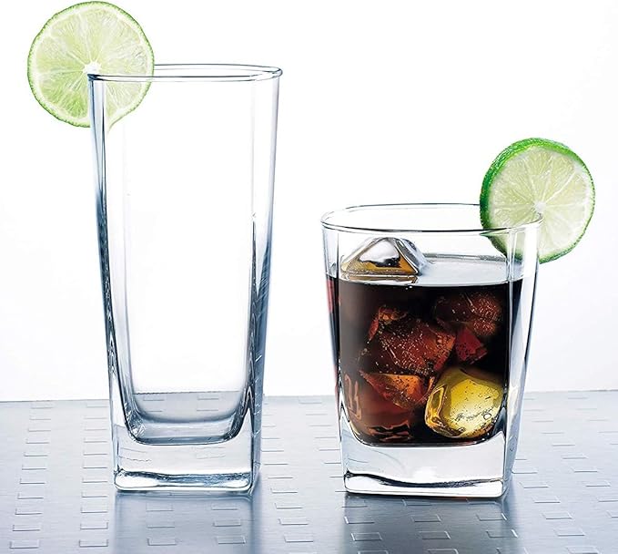 Everyday Drinking Glasses Set of 8 Drinkware Kitchen Glasses for Cocktail, Iced Coffee, Beer, Ice Tea, Wine, Whiskey, Water, 4 Tall Highball Glass Cups & 4 Short Old Fashioned.