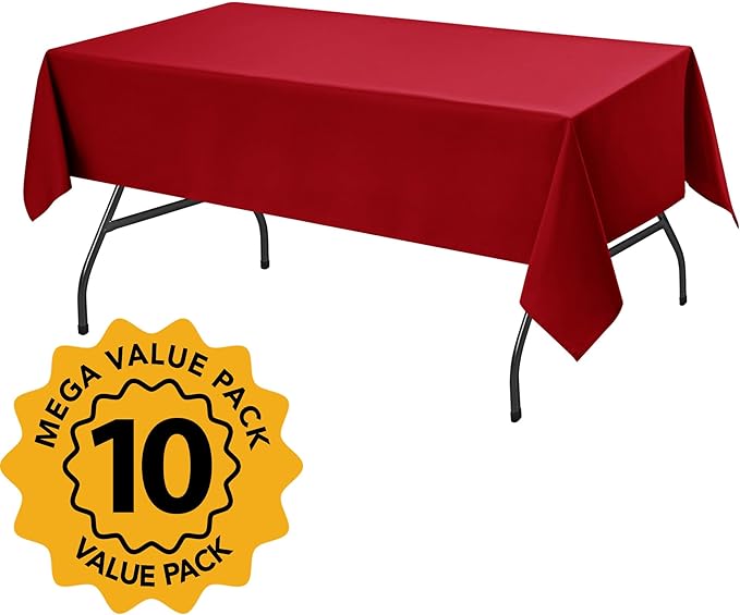 10-Pack Red Tablecloths for Rectangle Tables, 60 x 102 Inches, Stain-Resistant Polyester Fabric for 6 Foot Tables - Washable Table Covers for Weddings, Banquets, Birthday Parties, Events