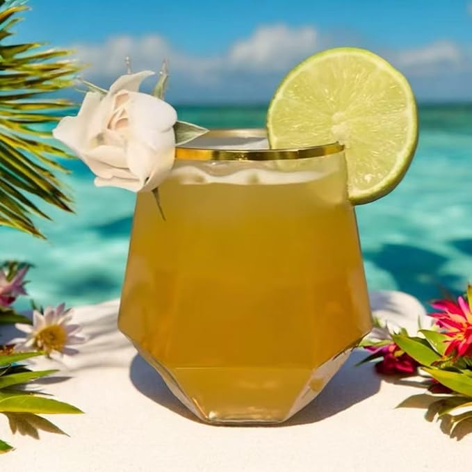 48 Pack Diamond Gold Rim Unbreakable Stemless Plastic Glasses 24 9oz Stemless Champagne Flutes & 24 12oz Cups BPA-Free, Disposable, Shatterproof Drinkware for Weddings, Bars, Events and parties