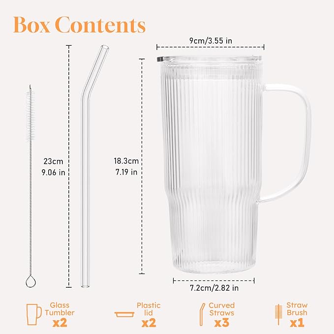 GOSCHE Glass Cups with Lids and Straws, Glass Tumbler with Handle for Iced Coffee, Tea, Juice, Smoothies, 24oz Drinking Cup with Plastic Lid for Hot & Cold Beverages, 2 Pcs