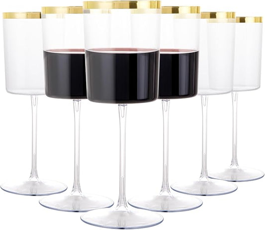 Ciaell 12 Pack Plastic Wine Glasses - 14 Oz Plastic Wine Glasses with Stem - Square Gold Disposable Stemmed Glass for Parties & Weddings & Outdoors & Christmas & New Year