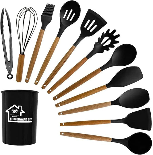 Generic Silicone Kitchen Tool Set, 12 Pieces, Spoons, Spatulas, Tongs (Black), KU002