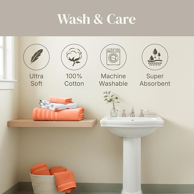 Modern Threads Organic Vines 6-Piece 100% Cotton Towel Set – Yarn Dyed Jacquard & Solid – Includes 2 Bath Towels, 2 Hand Towels, 2 Washcloths – Absorbent, Quick Dry, Soft & Durable – Orange