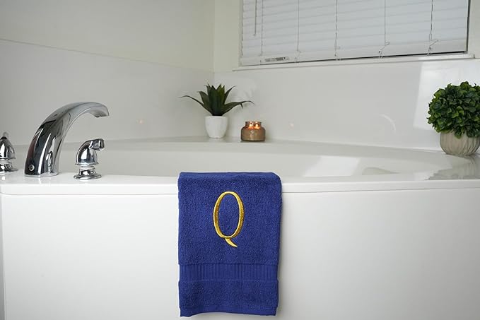 Navy Powder Room Hand Towel - Monogram Initial Hotel Quality Decorative Embroidered Luxury Towel for Spa - GOTS Organic Certified - Set of 2 Gold Letter Q