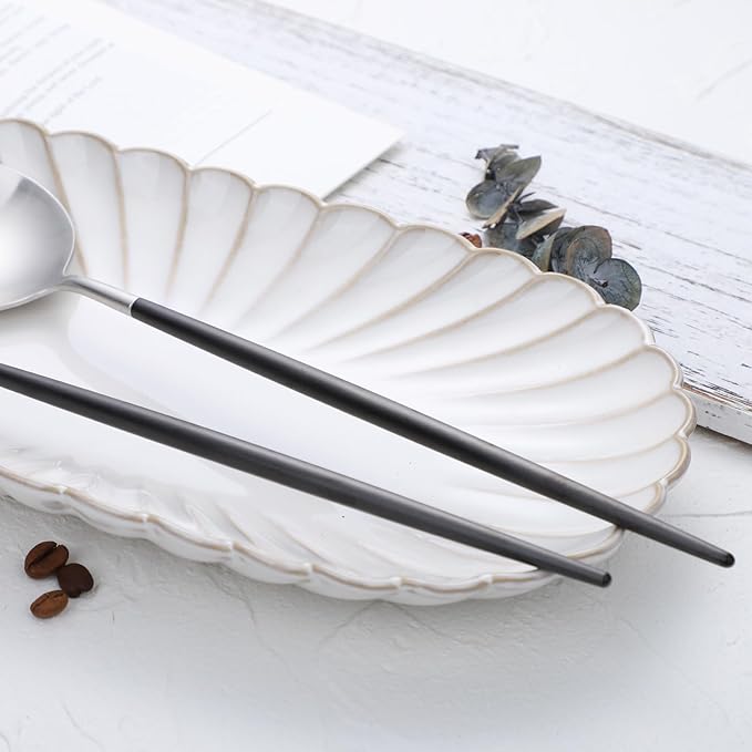 Salad Servers,Spoon and Fork Set 11.41 inch,18/10 Stainless Steel Salad Serving Titanium Plating (black silver)