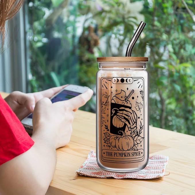 Fall Pumpkin 16 OZ Glass Cups with Lids and Straws, Thanksgiving Tarot Tumbler Mug, Fall Gifts, Halloween Boo Basket Gifts for Women