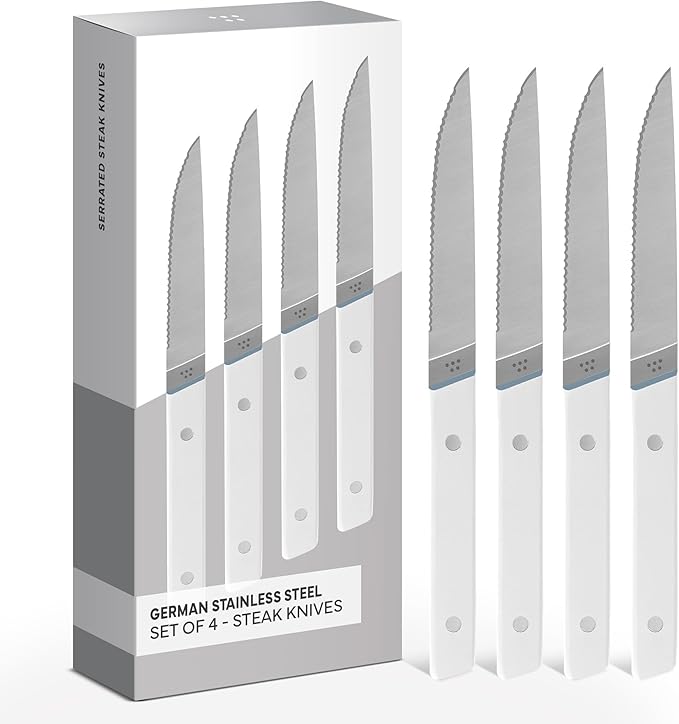 Misen Steak Knives Set of 4 - Precision Serrated Blades for Effortless Dining - German Stainless Steel - Superior Cuts with Four Steak Knives - Comfortable, Sleek Handles - White