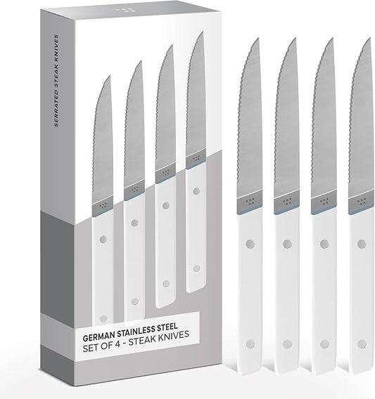 Misen Steak Knives Set of 4 - Precision Serrated Blades for Effortless Dining - German Stainless Steel - Superior Cuts with Four Steak Knives - Comfortable, Sleek Handles - White