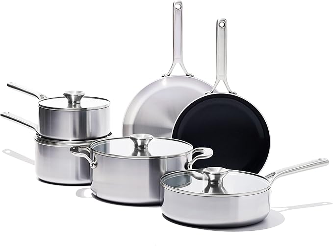 OXO Mira Tri-ply Stainless Steel, 10 Piece Cookware Pots and Pans Set, Skillets, Saute, Saucepans, Lids,Incl Ceramic Nonstick Frying Pan,Induction,Multi Clad,Metal Utensil Safe,Dishwasher & Oven Safe