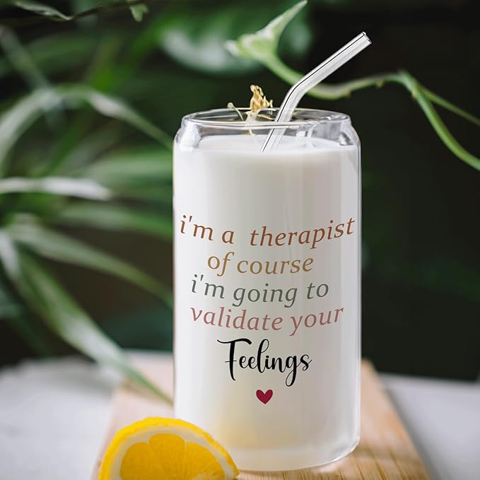 Therapist Gifts Glass Cup with Lids and Straws 14oz, Mental Health Therapist Gifts for Women Female, Mental Health Glass Iced Coffee Tumbler Drinking Jars with Cleaning Brush