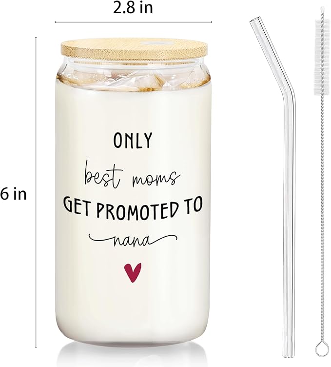 Nana Grandma Announcement Gifts Glass Cup with Lids and Straws 14oz, Pregnancy Announcement for Grandma, Get Promoted to Nana Glass Iced Coffee Tumbler Drinking Jars with Cleaning Brush