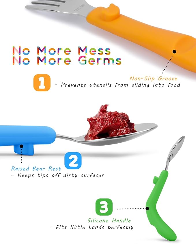 6PCS Toddler Utensils, 316 Stainless Steel Baby Safe Forks + Spoons with Silicone Handle, BPA Free Dishwasher Safe Kids Silverware Cutlery with Box, Bright Orange/Blue/Green