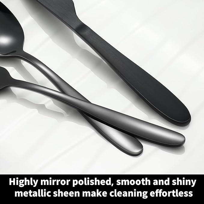 24-piece Black Forks and Spoons Silverware Set, Stainless Steel Flatware Cutlery Set for Home, Kitchen and Restaurant, Black Spoon and Fork Set,Dinner forks Mirror Polished