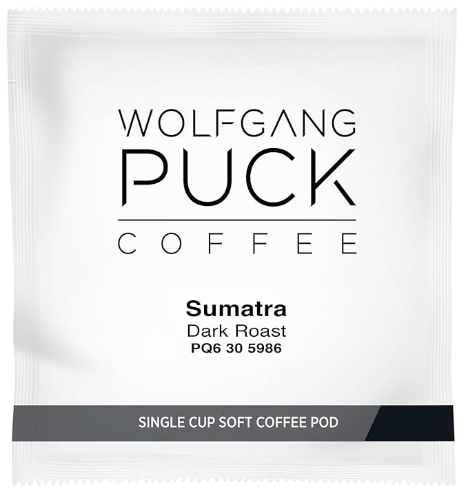 Wolfgang Puck Coffee, Sumatra Kopi Raya, Dark Roast, 9.5 Gram soft Pods, 18 Count (Pack of 3)