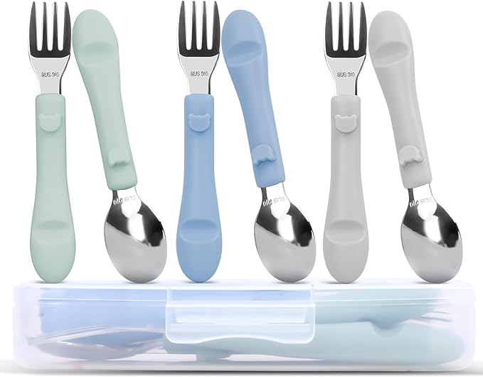 6PCS Toddler Utensils, 316 Stainless Steel Baby Safe Forks + Spoons with Silicone Handle, BPA Free Dishwasher Safe Kids Silverware Cutlery with Box, Sage/Blue/Gray