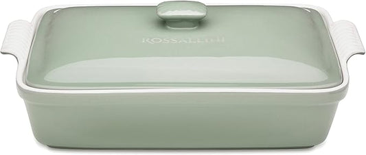 Stoneware Casserole Dish Bakeware Set with Lid, Covered Rectangular Dinnerware, Large 3.2 Quart, 11 by 9 Inch, Verde Salvia [Sage Green]