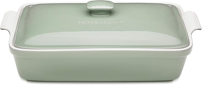 Stoneware Casserole Dish Bakeware Set with Lid, Covered Rectangular Dinnerware, Extra Large 4.23 Quart, 13 by 9 Inch, Verde Salvia [Sage Green]
