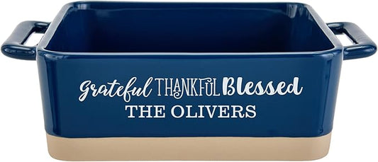 Let's Make Memories Personalized Grateful, Thankful, Blessed Stoneware - Navy Square Baker