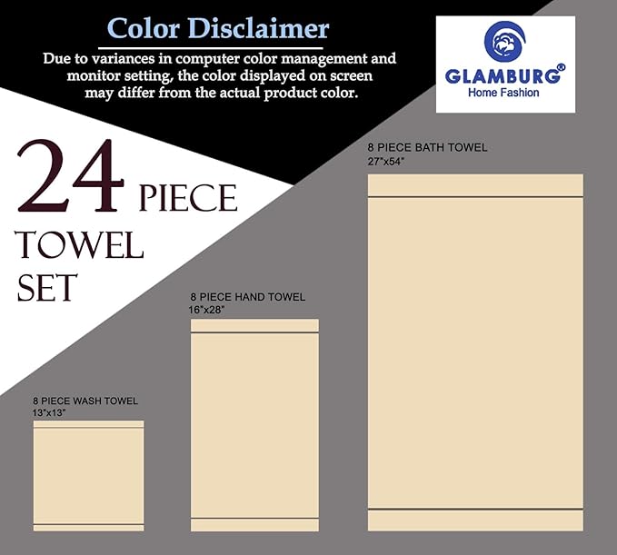 GLAMBURG Ultra Soft 24-Piece Towel Set - 100% Pure Ringspun Cotton, Contains 8 Oversized Bath Towels 27x54, 8 Hand Towels 16x28, 8 Wash Cloths 13x13- Ideal for Everyday use, Hotel & Spa- Charcoal Grey