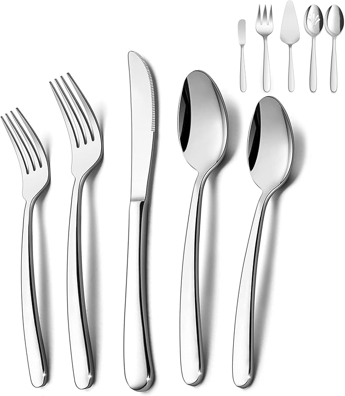 HaWare Heavy Duty Silverware Set, 65 Pieces Stainless Steel Flatware with Serving Utensils, Weight Tableware for 12, Modern Cutlery for Home, Dishwasher Safe, Mirror Polished