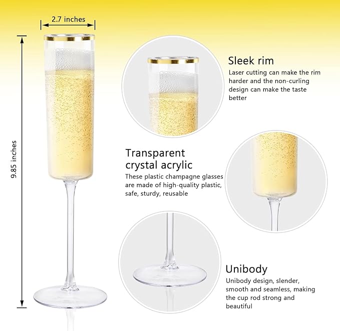 Ciaell 24 Pack Plastic Champagne Flutes - 6Oz Gold Rim Disposable Champagne Glasses - Square Clear Plastic Toasting Glasses for Party Birthday Anniversary Wedding Christmas