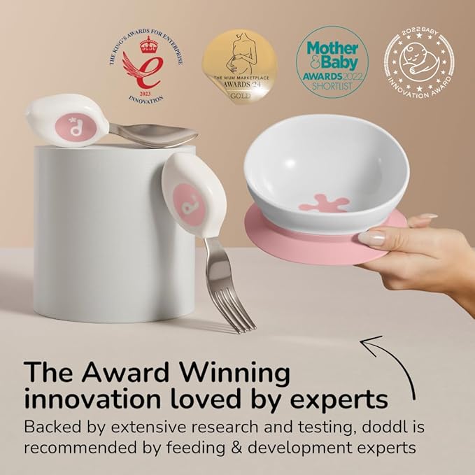 doddl Toddler Utensils, Ergonomic Fork and Spoon Set for Self Feeding, Stainless Steel Silverware for 1-3 Year Olds, BPA Free, Dishwasher Safe (Dusky Rose + Bowl)