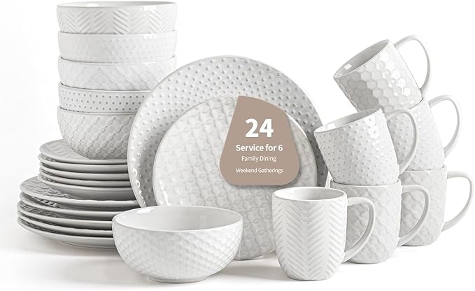 24-Piece Ceramic Dinnerware Set with Mugs,Complete Plates and Bowls Set for 6,Stylish Dish Set with Coffee Cups for Hosting, Families, & Gift Giving