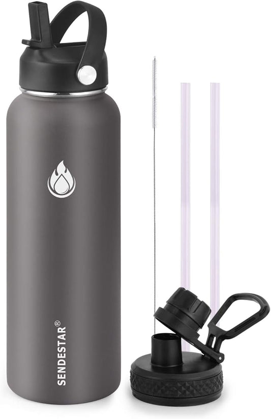 SENDESTAR Stainless Steel Water Bottle, Wide Mouth Water Bottle 40 oz with Straw Lid, Spout Lid, Double Wall Vacuum Insulated Leak Proof, Keeps Liquids Hot or Cold (Gray)