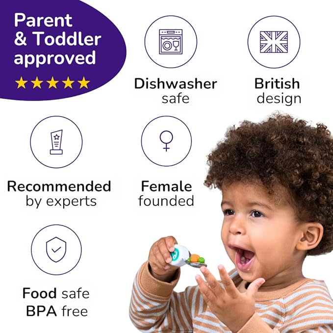 doddl Toddler Utensils, Ergonomic Fork and Spoon Set for Self Feeding, Stainless Steel Silverware for 1-3 Year Olds, BPA Free, Dishwasher Safe (Aqua + Bowl)