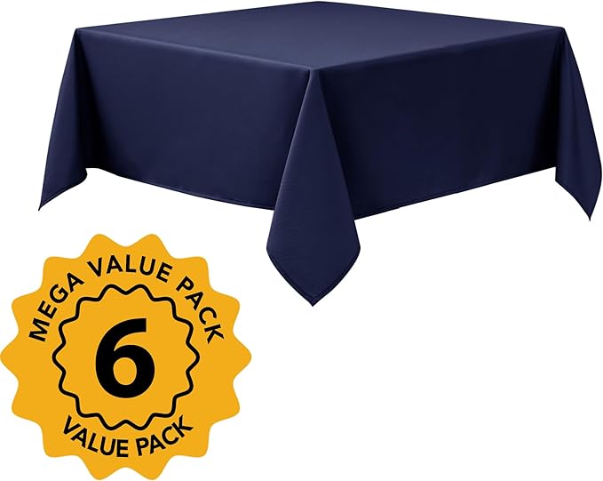 6-Pack Navy Blue Tablecloths for Square Tables, 54 x 54 Inches, Stain-Resistant Polyester Fabric for 2 Foot Tables - Washable Table Covers for Weddings, Banquets, Birthday Parties, Events